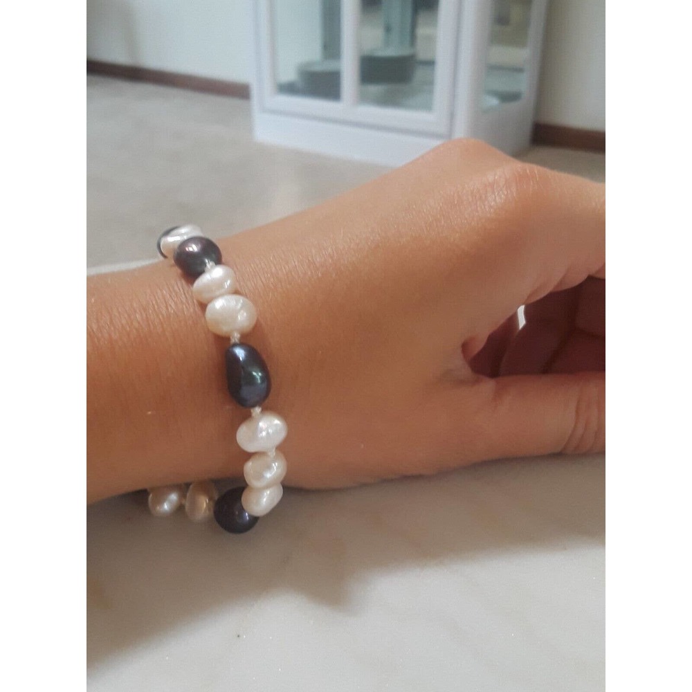 Womens White and Blue Pearl Bracelet w Sterling Silver Ornate Clasp